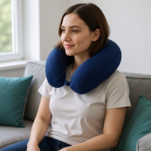 Ergonomische U-förmige Reisekissen für den Nacken, getragen, Ansicht von hinten