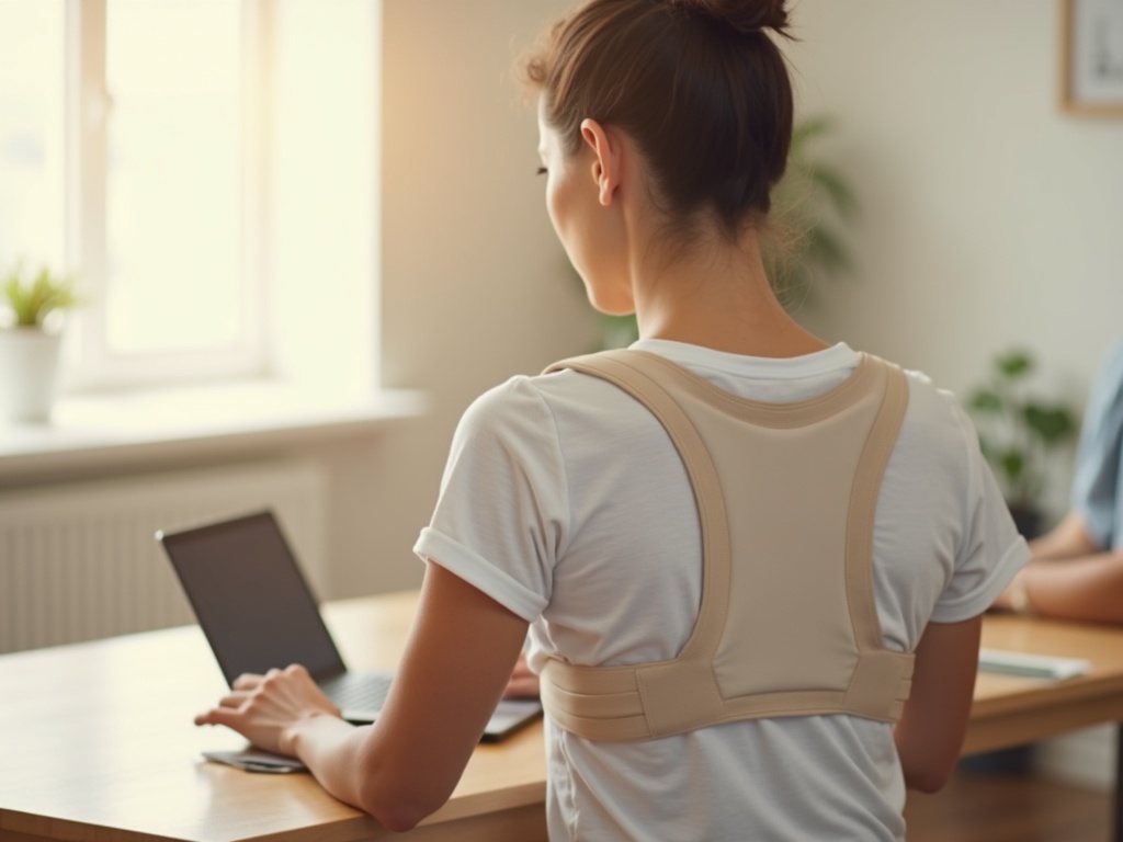 Person trägt einen Haltungskorrektor am Schreibtisch im Homeoffice