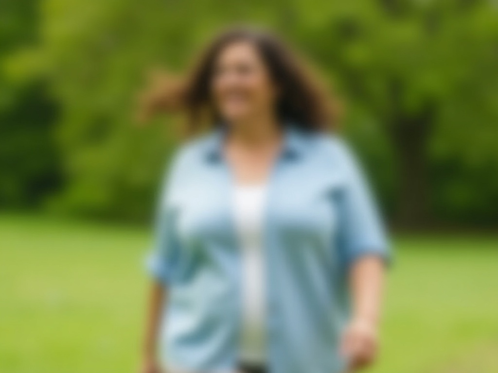 Frau in Plus-Size-Größe geht im Park spazieren, den Haltungskorrektor unter ihrer Bluse