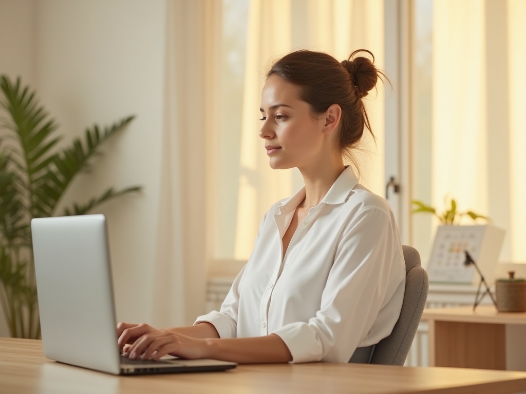 Frau arbeitet im Homeoffice an einem Laptop mit dezentem Haltungskorrektor unter der Bluse