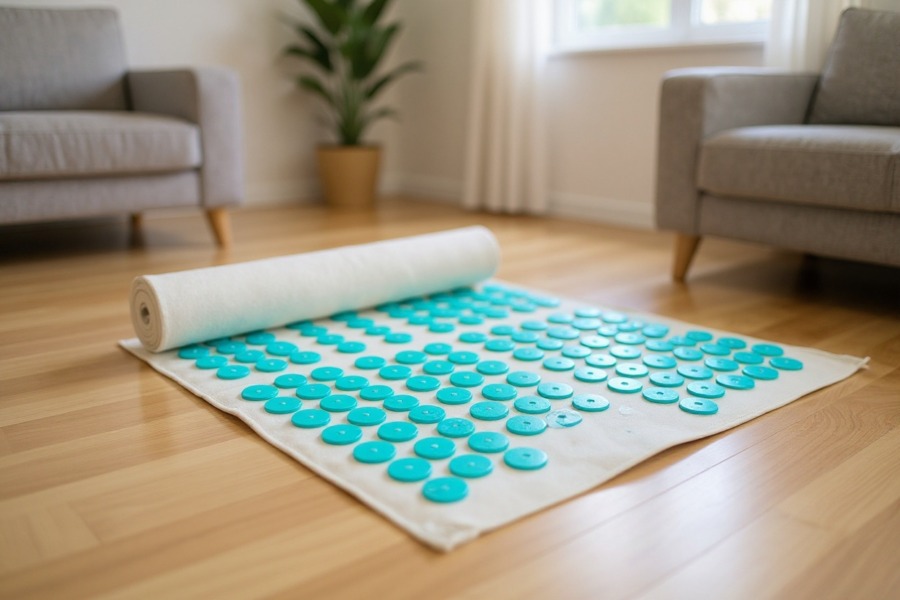Akupressurmatte Magnetisch Climsom Zen, ausgebreitet auf dem Boden des Wohnzimmers