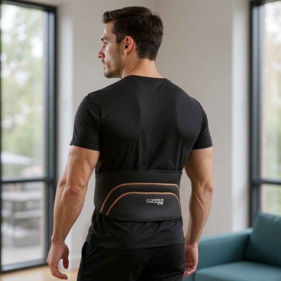 Ein Lendenstützgürtel Copper Fit, getragen um die Taille