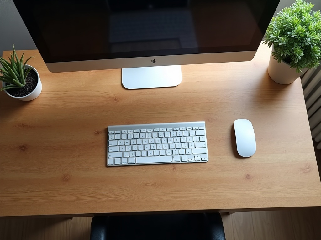 Organisation eines ergonomischen Schreibtischs, Anordnung von Tastatur, Maus und Monitor auf einer Halterung