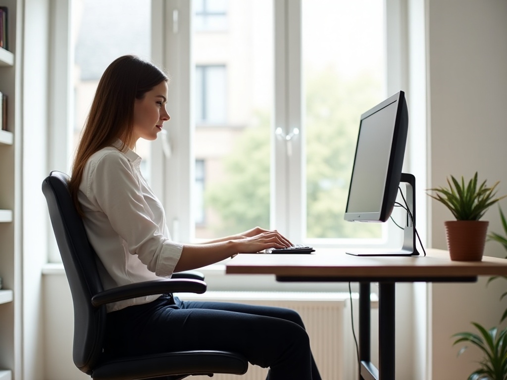 Ergonomischer Arbeitsplatz - Monitor auf Augenhöhe, aufrechte Haltung