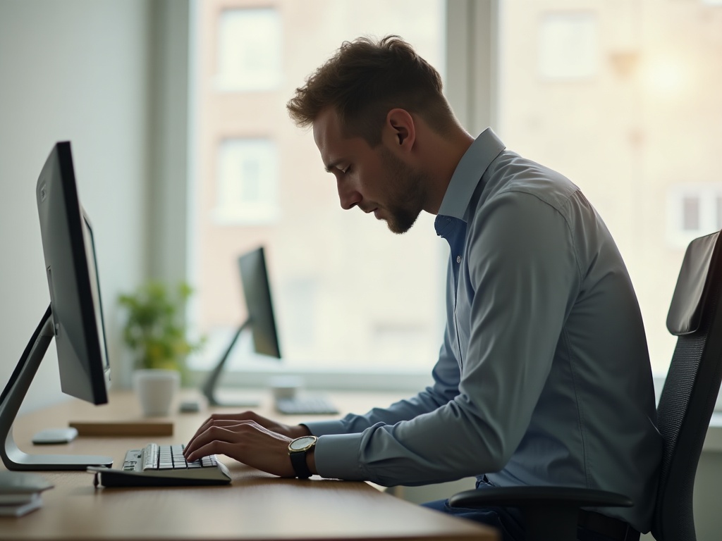 Büroangestellter mit rundem Rücken am Schreibtisch, typische schlechte Haltung bei sitzender Tätigkeit