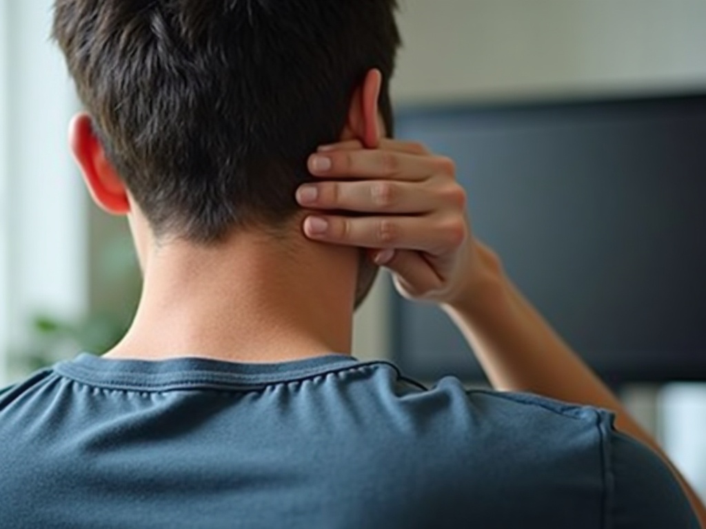 Person mit Nackenverspannung am Schreibtisch, ein typisches Problem für Nutzer von Nackenmassagegeräten