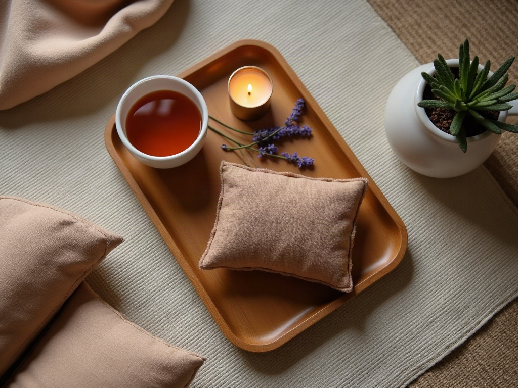 Abendliches Entspannungsritual mit Akupressurmatte, Tee und Lavendel