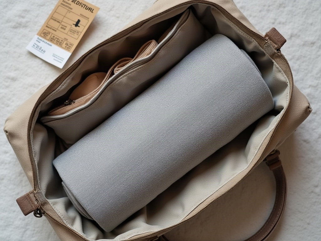 Akupressurmatte zu einer Rolle gerollt in einer Reisetasche
