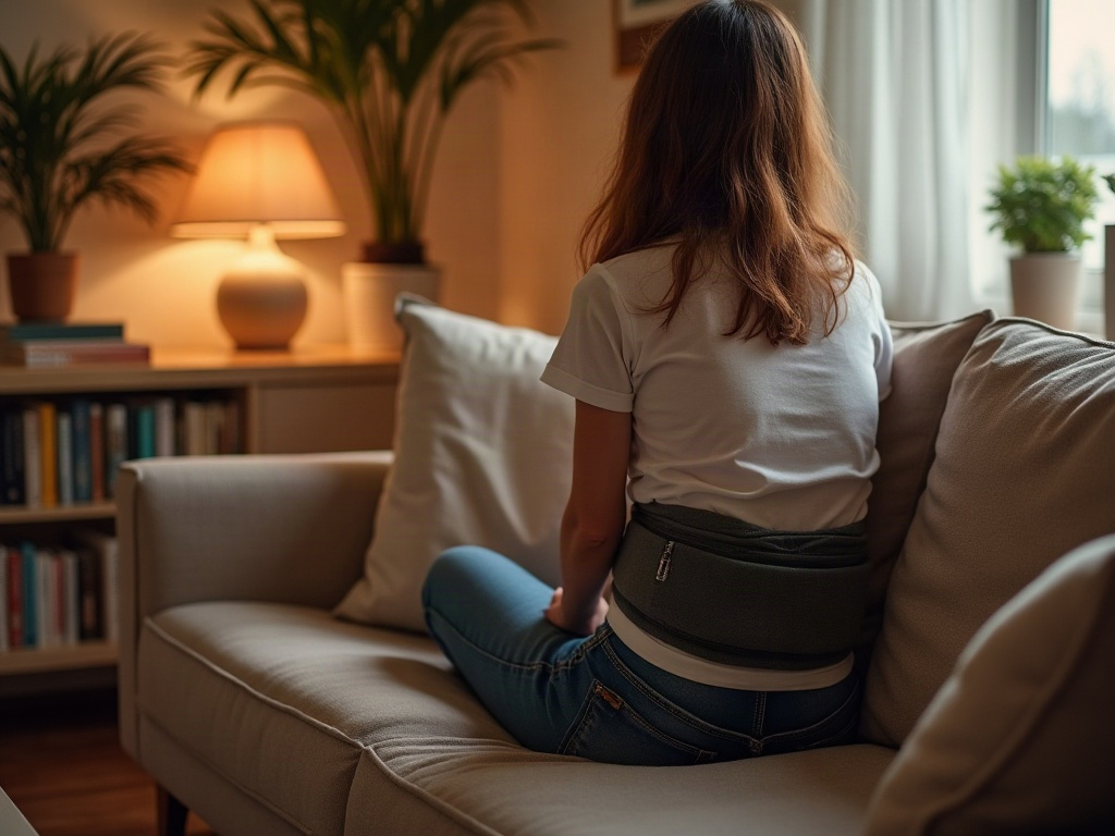 Entspannung zu Hause mit einem wärmenden Gürtel für den unteren Rücken