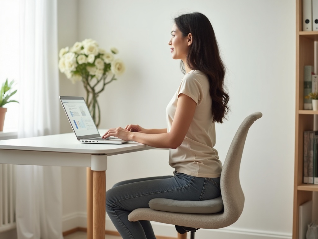 Person sitzt auf ergonomischem Sitzkissen am Schreibtisch im Homeoffice