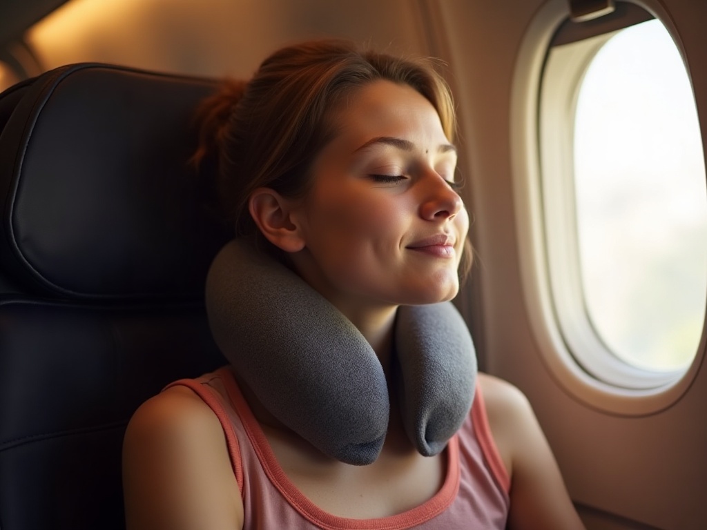 Frau schläft im Flugzeug mit Memory-Schaum-Nackenkissen