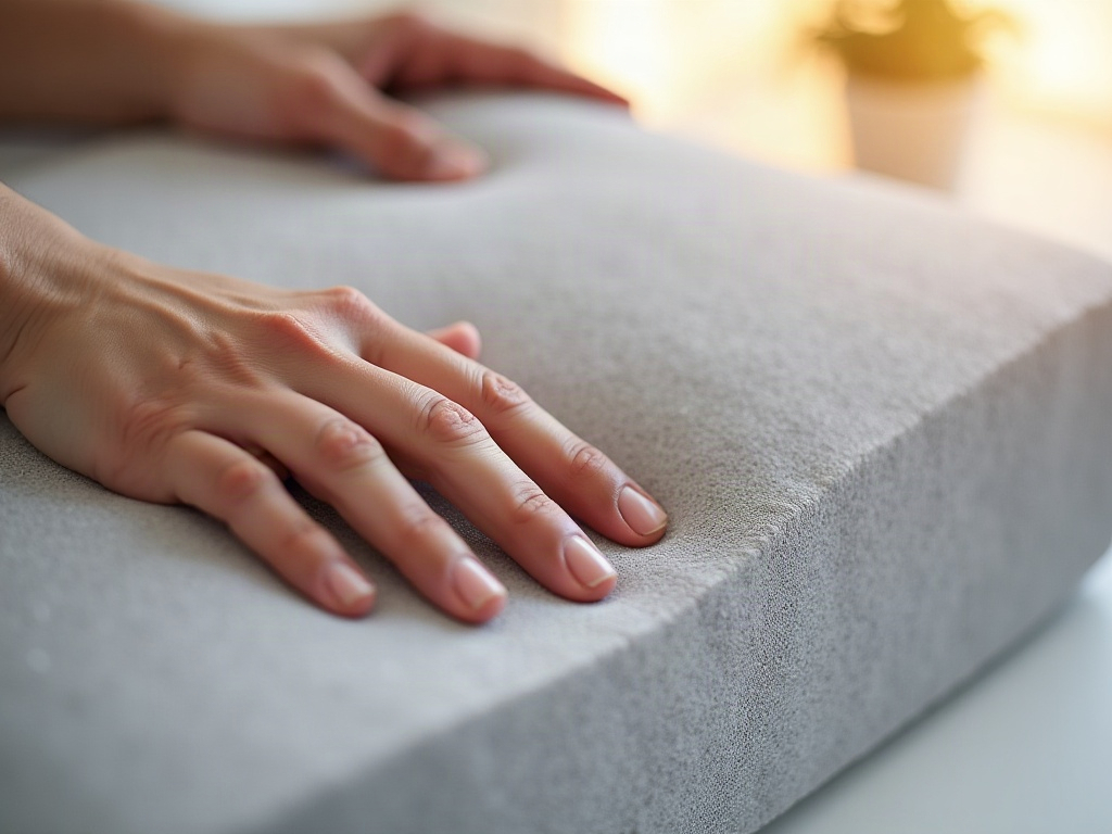 Hand drückt in ein Memory-Kissen und zeigt die viskoelastischen Eigenschaften des Schaums