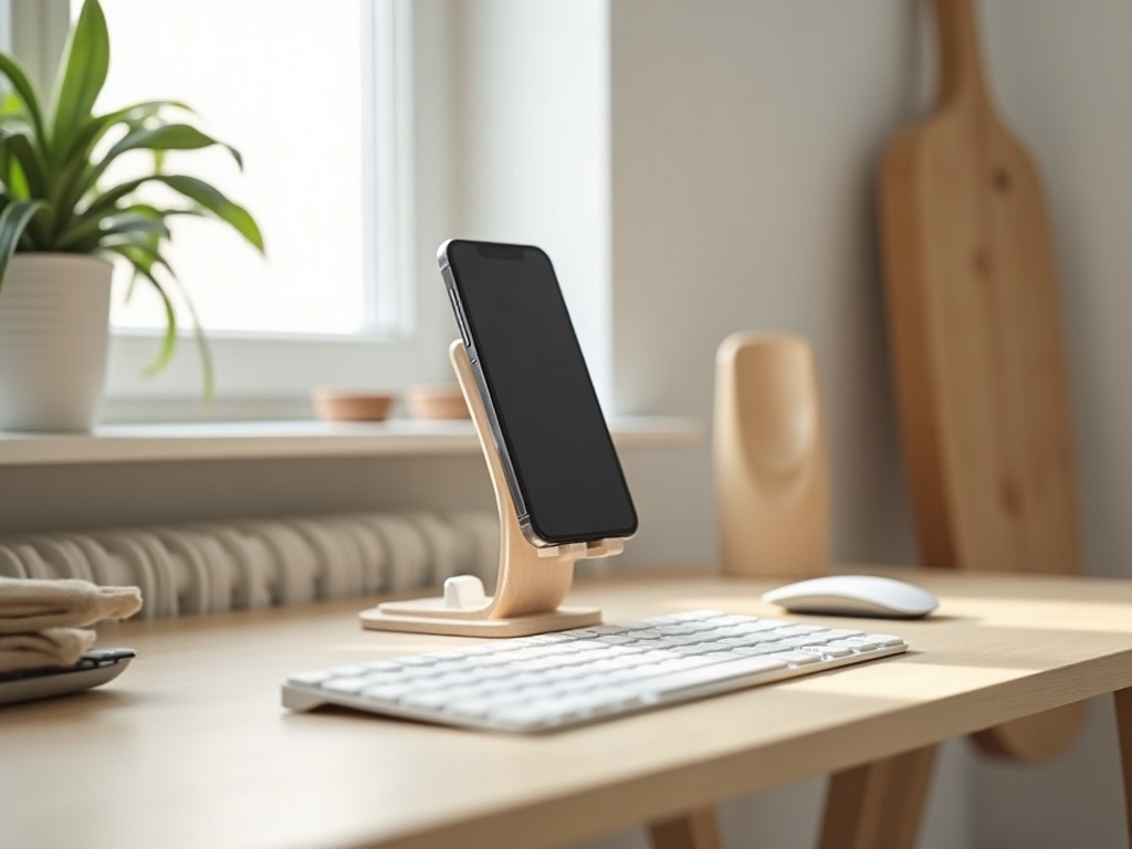 Smartphone auf einem Ständer auf Augenhöhe - ergonomische Lösung zur Reduzierung von Nackenverspannungen