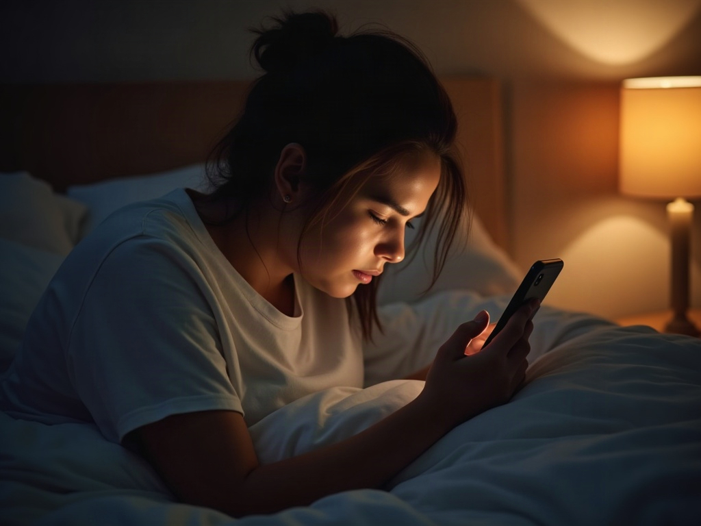 Person, die im Bett mit gesenktem Kopf vor dem Schlafengehen ihr Handy benutzt