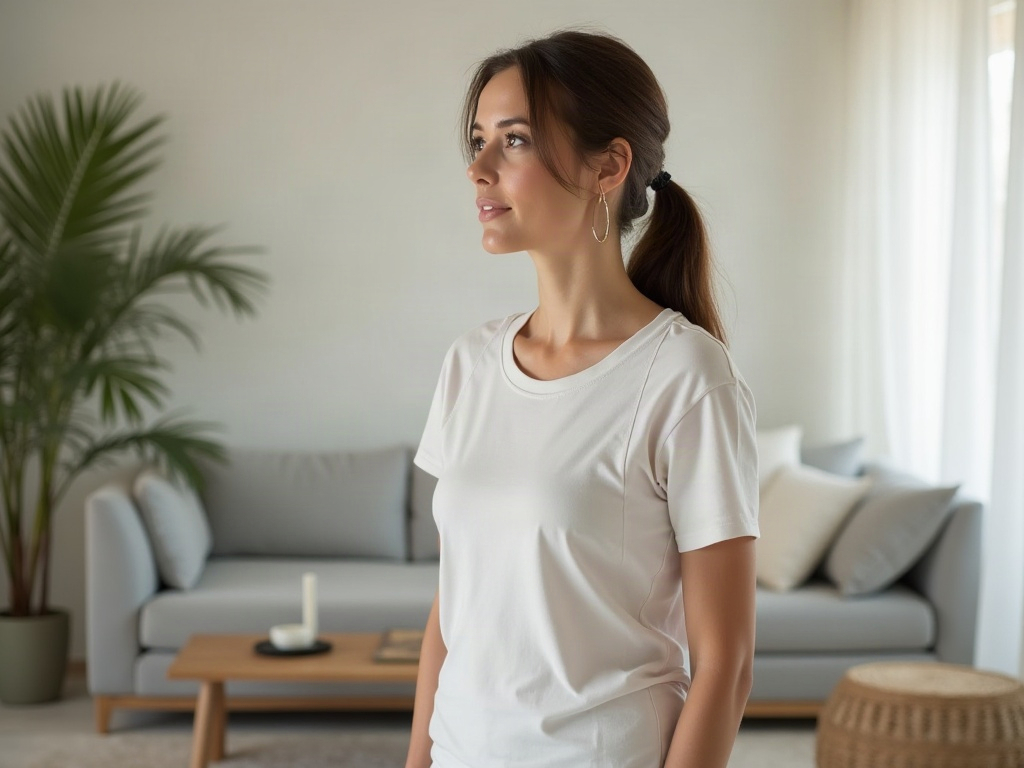 Frau trägt Haltungsshirt im Alltag und steht aufrecht in hellem Wohnraum