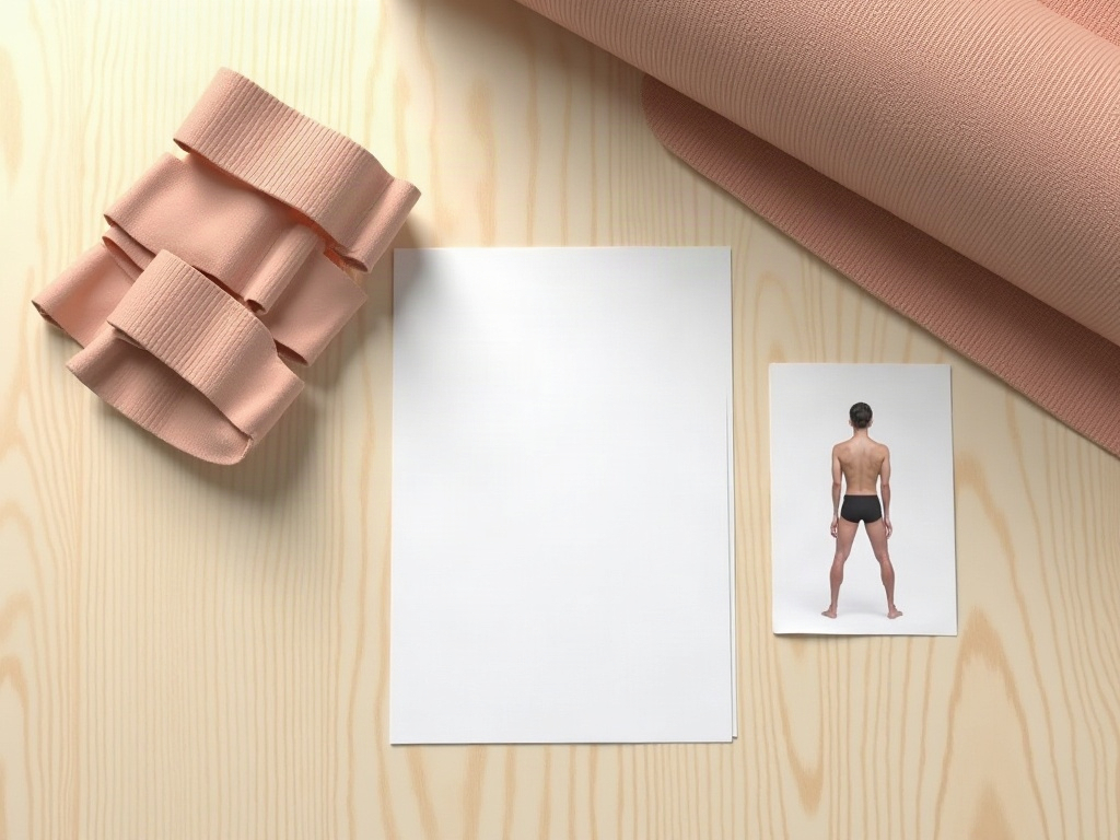 Haltungskorrektor, Yogamatte und Übungskarte nebeneinander auf Holztisch
