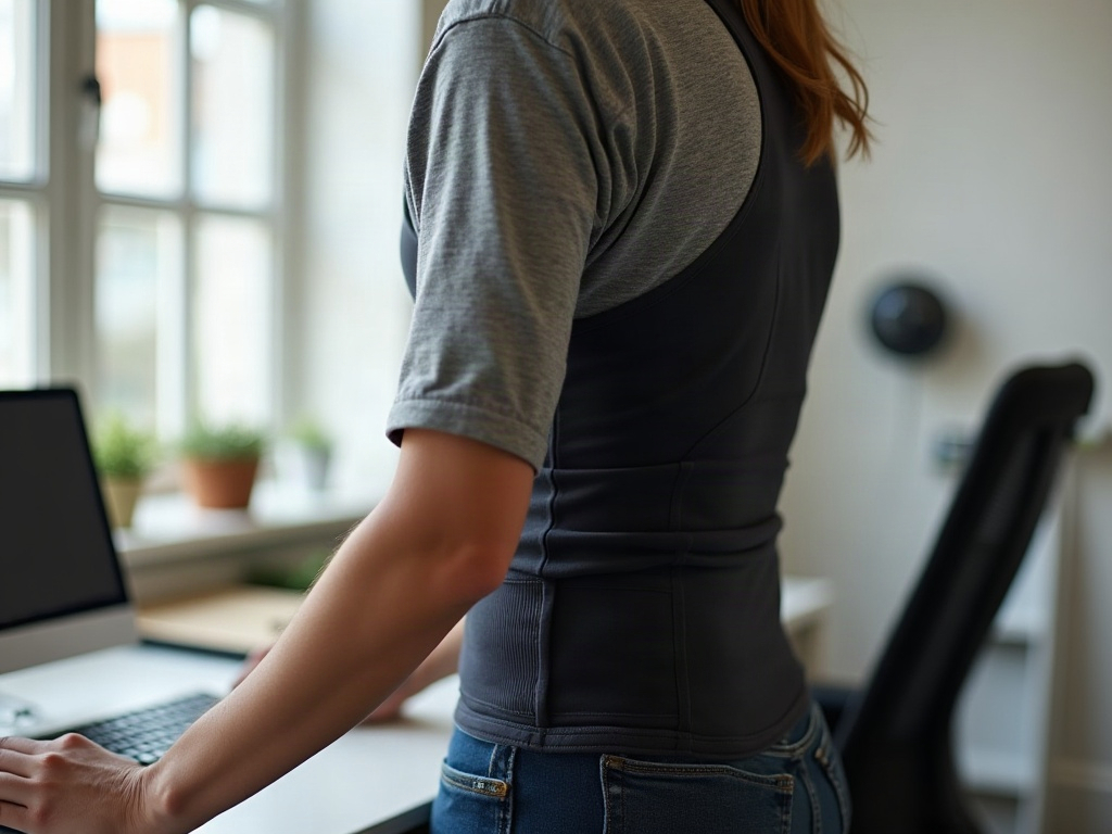 Person trägt ein Korrektur-Shirt unter einem normalen T-Shirt am Stehschreibtisch