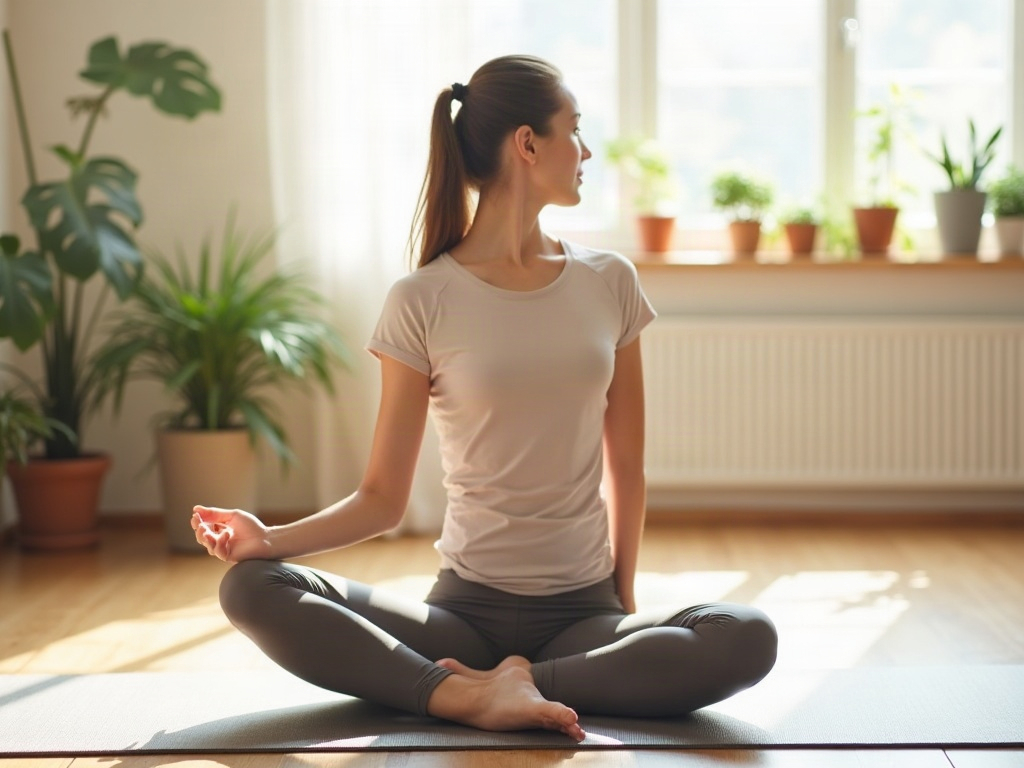 Frau beim Dehnen mit Korrektur-Shirt auf Yogamatte