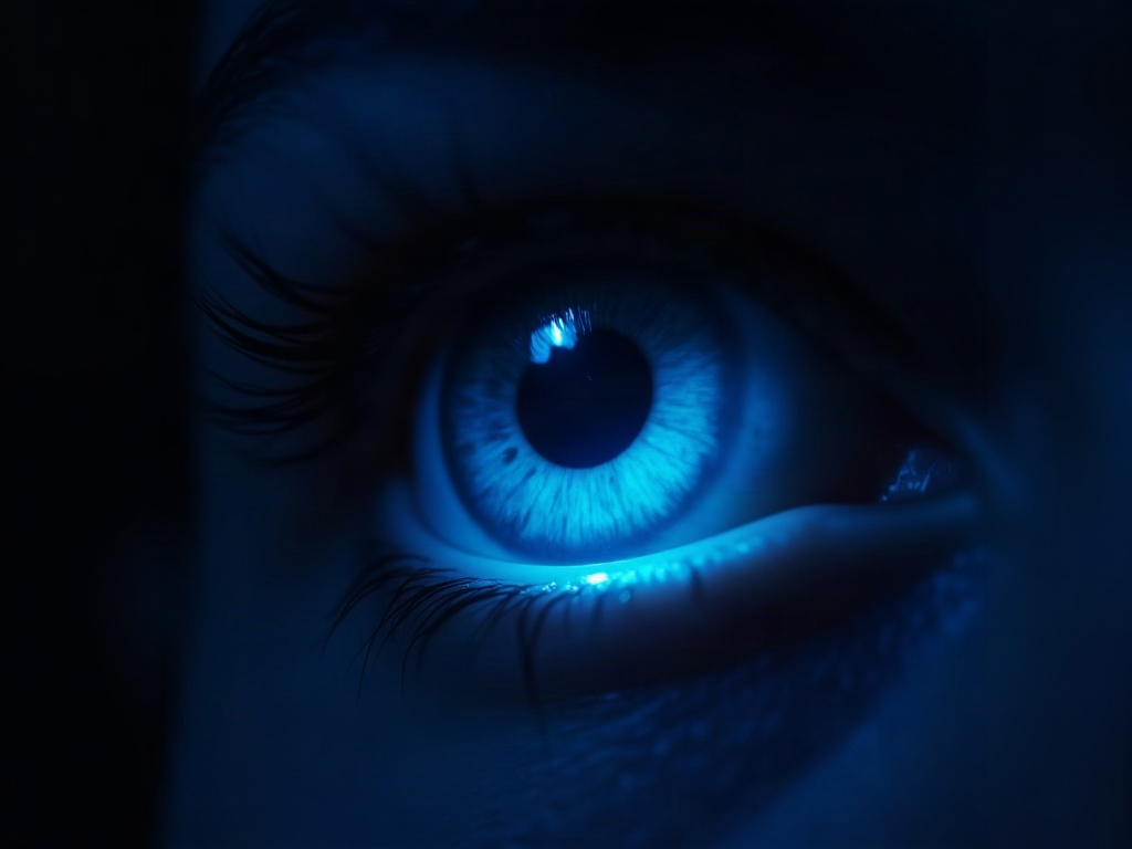Blaues Licht fällt in der Dunkelheit auf ein Auge und stört die Melatoninproduktion