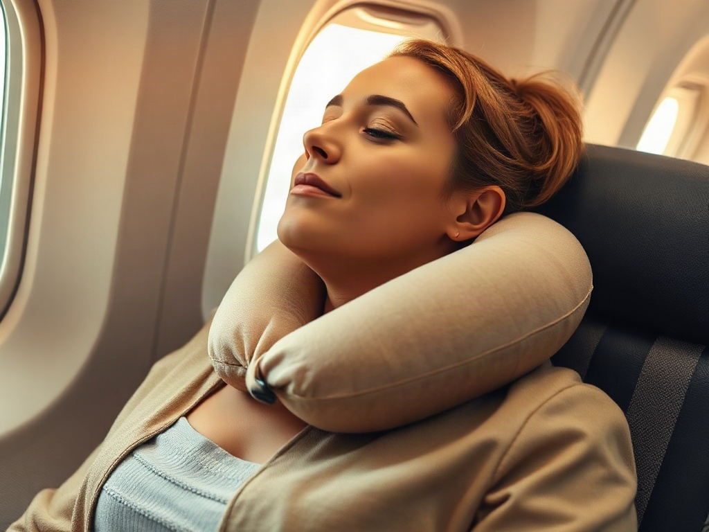 Person im Flugzeug mit Nackenkissen in natürlicher Ruheposition