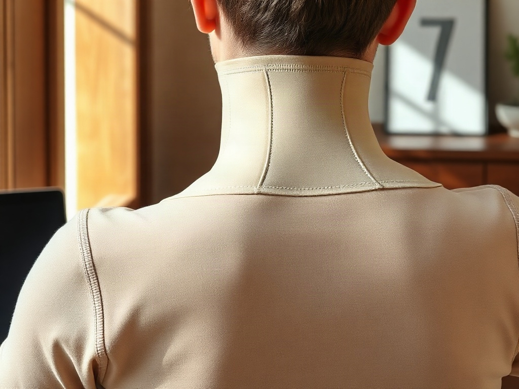 Nahaufnahme des Nackens und der Schultern einer Person, die einen Haltungskorrektor trägt und am Schreibtisch sitzt
