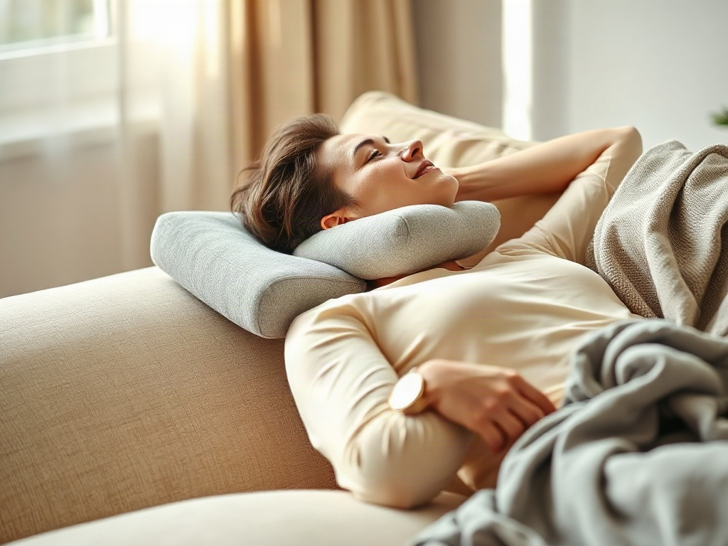 Eine Person ruht auf einem Sofa mit einem ergonomischen Nackenkissen, das den Hals in neutraler Position stützt