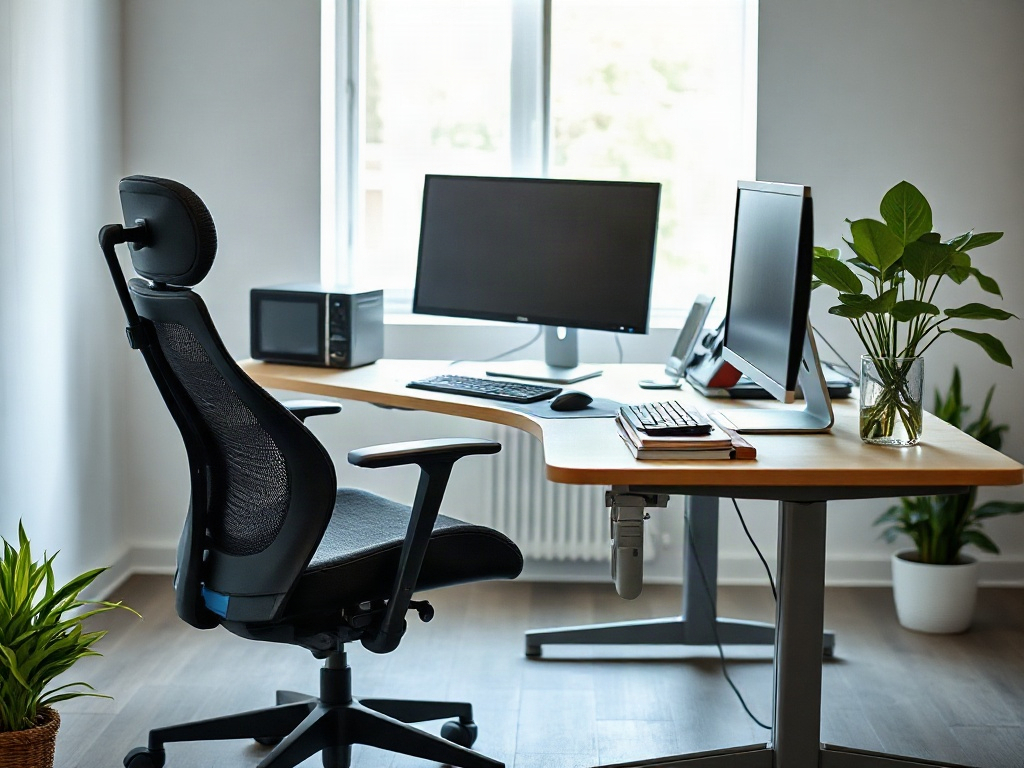 Ergonomisch optimierter Arbeitsplatz mit korrekter Bildschirmposition, unterstützendem Stuhl und korrekter Schreibtischhöhe