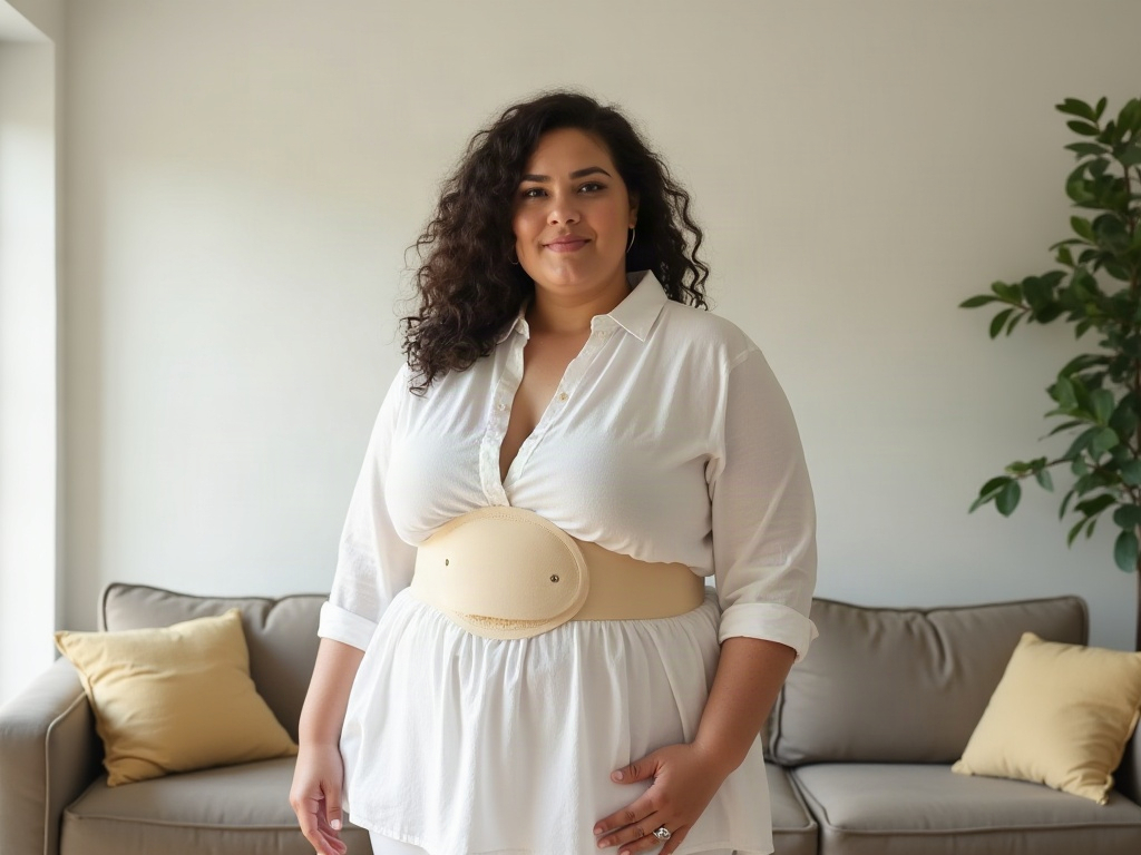 Plus-Size-Frau trägt Haltungskorrektor unsichtbar unter einer hellen Leinenbluse im Alltag