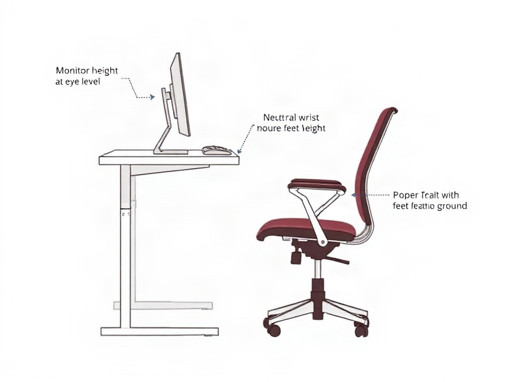 Ergonomische Schreibtischaufstellung mit Monitor auf Augenhöhe und korrekter Körperposition