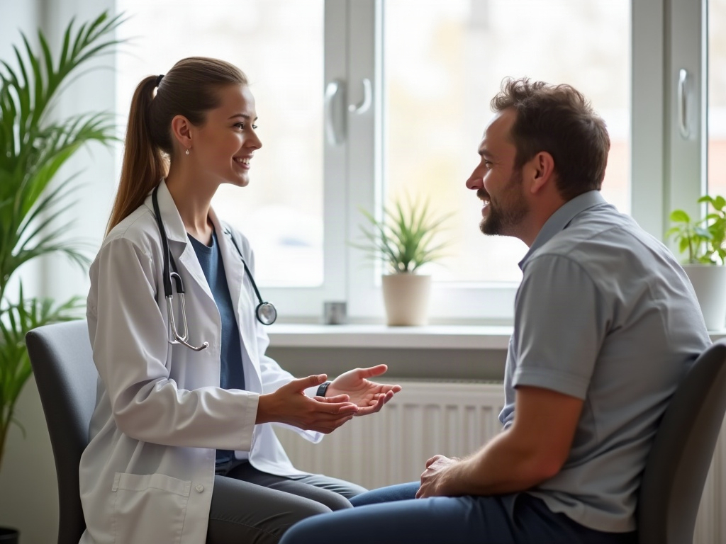 Physiotherapeut bei einer Beratung mit einem Patienten zum Thema Rückenkomfort und Schlafposition