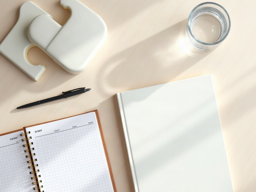 Haltungskorrektor neben einem 30-Tage-Habit-Tracker-Notizbuch auf Holzuntergrund