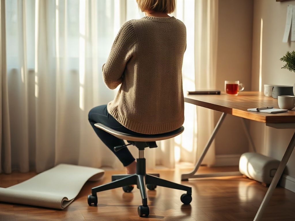 Frau im Home-Office mit der Akupressurmatte neben dem Schreibtisch, zeigt Integration in den Alltag