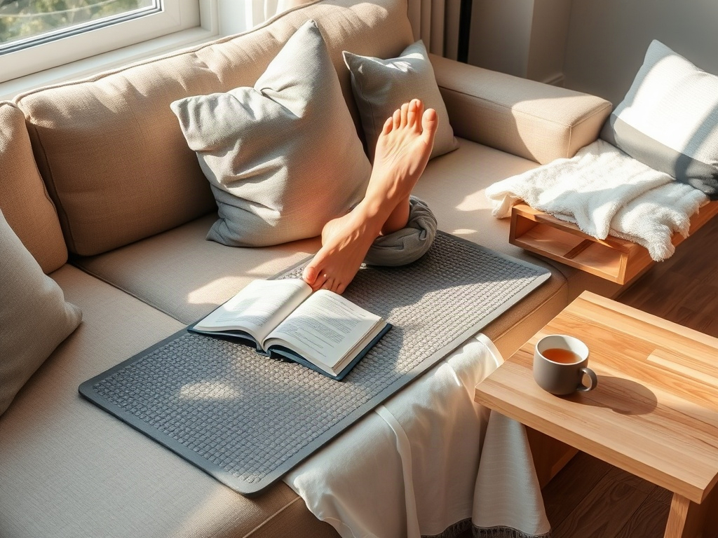 Eine Person sitzt auf der Couch mit ihren Füßen auf einer Akupressurmatte, neben einer Tasse Tee