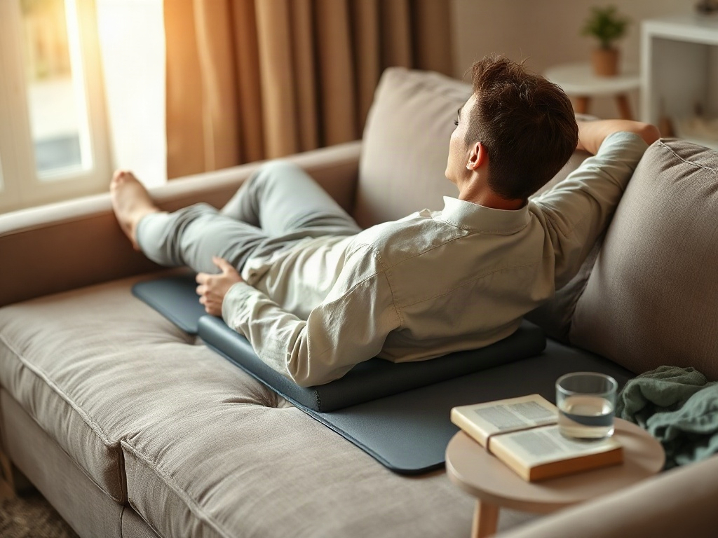 Eine Person nutzt die Akupressurmatte am Abend auf der Couch für Entspannung und Entlastung