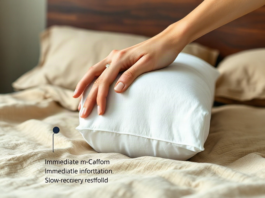 Nahaufnahme einer Hand, die auf einem Memory Foam Kissen drückt, zeigt die Verformung und Anpassung des Schaums