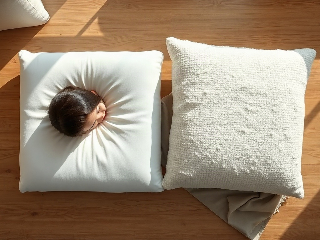 Zwei Kissen nebeneinander: Ein Memory Foam Kissen und ein normales Kissen zeigen den sichtbaren Unterschied in Form und Unterstützung