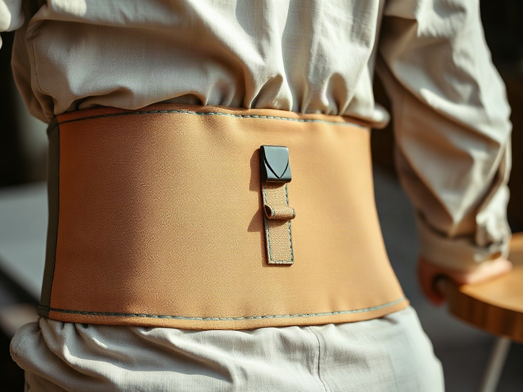 Nahaufnahme eines Wärmegürtels für den unteren Rücken, Detailansicht des Klettverschlusses und der Materialstruktur